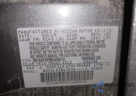 2019 Nissan Sentra Sv z USA, uszkodzony, nr VIN 3N1AB7AP0KL628412